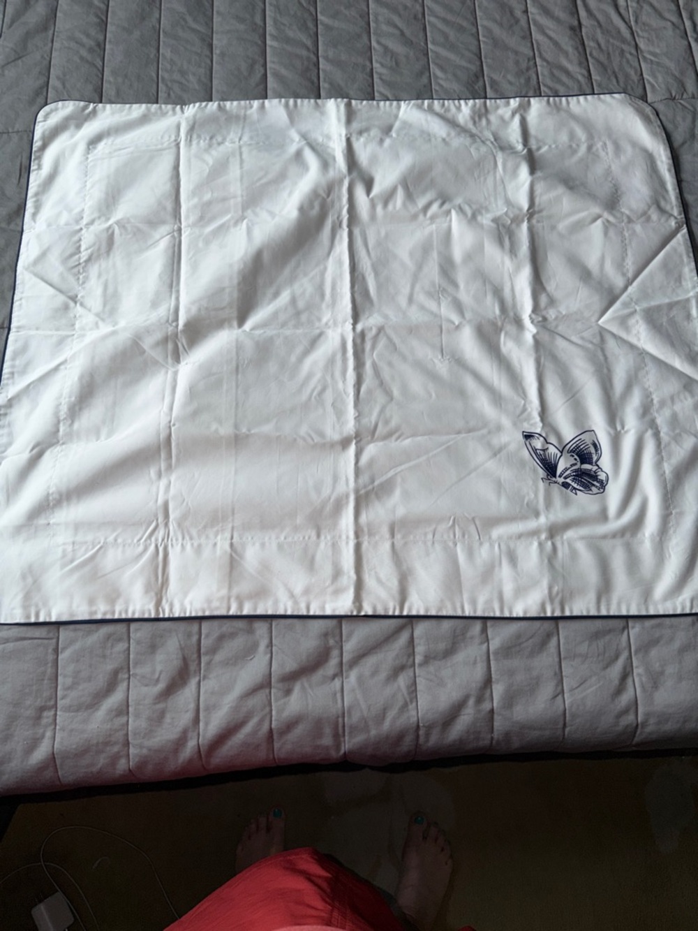 Nordstrom White Bedding Square Accent with Navy Butterfly